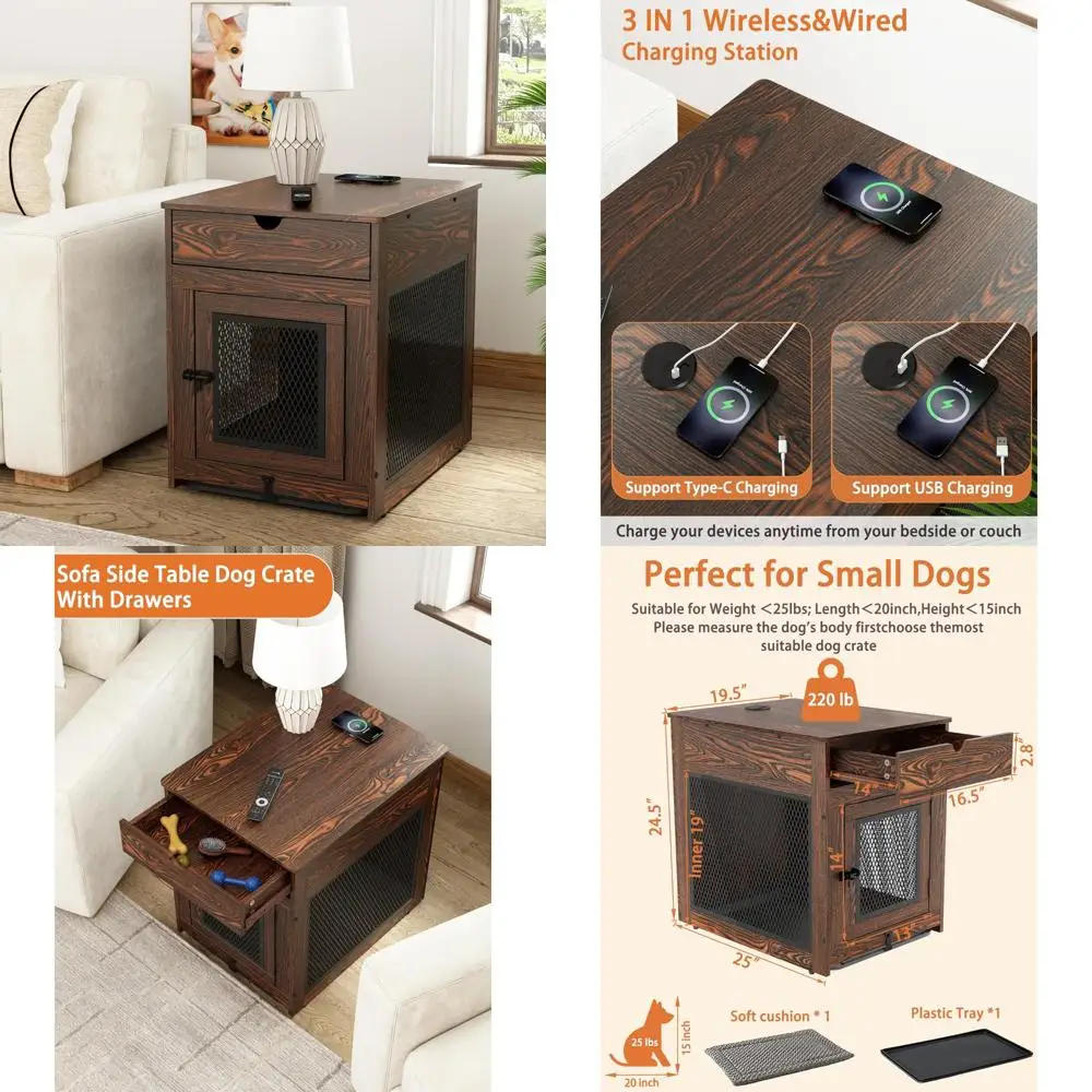 

Wooden Dog Crate Furniture with Storage Drawer, Cushion, Tray, and Wireless Charging for Small Dogs