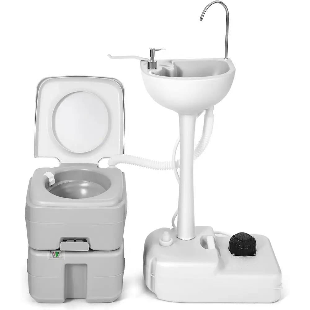 17L Portable Sink for Washing Hands and 5.28 Gallon Portable Toilet, RV Camping Toilet With Level Indicator & Rotatable Spout fo