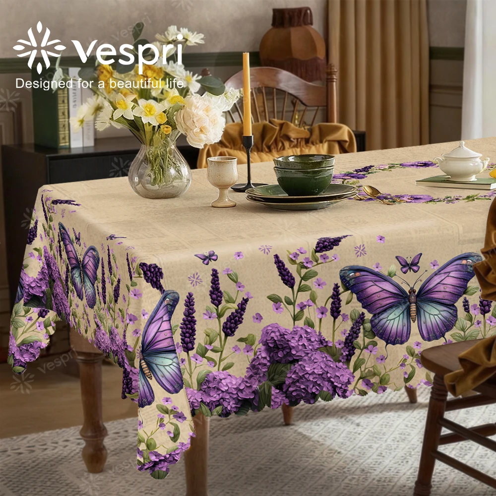 Vespri Frühlings-Blumen-Schmetterling Lavendel Oster-Pastell Tischdecke Lila Beige Rund Rechteckig Oval Polyester für Partys