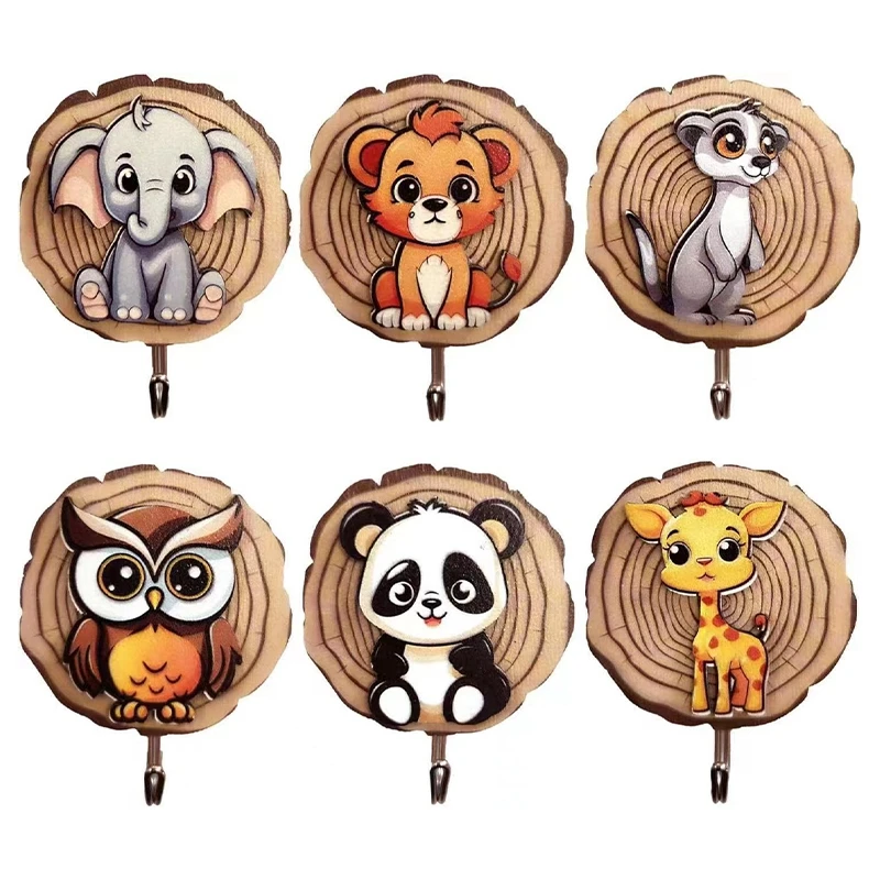 6Pcs/Set Children's Coat Racks, Coat Hooks For Children In Animal Shape Self-Adhesive Hooks Wall Hooks Wood No Drilling Decor