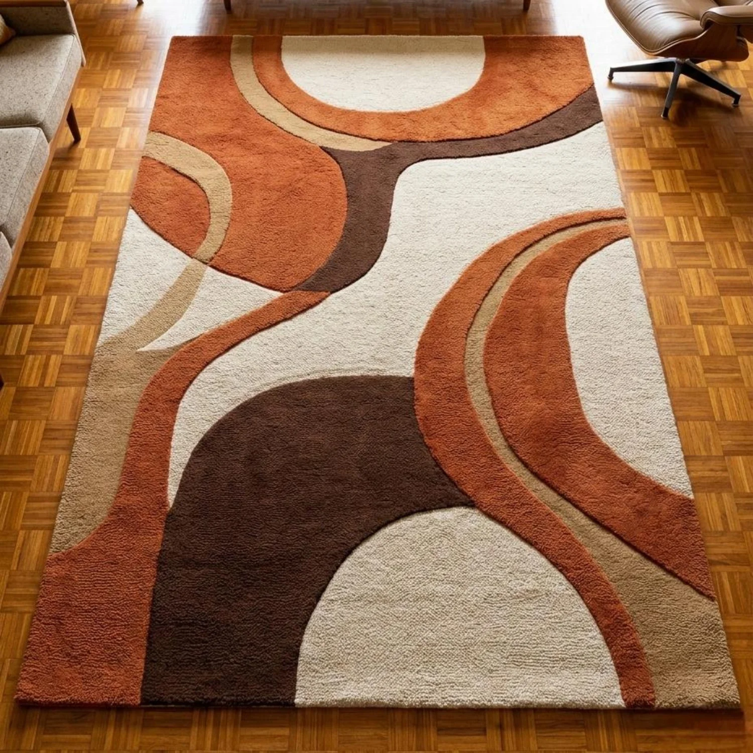 Room Decor Rug Rust Brown Cream Mid Century Curved Arch 3D Textured Area Rug, Soft Floor carpet, rugs for livingroom, rug for bedroom, Rectangle Floor Mat, Suitable for Retro 70s Home, Abstract Organi