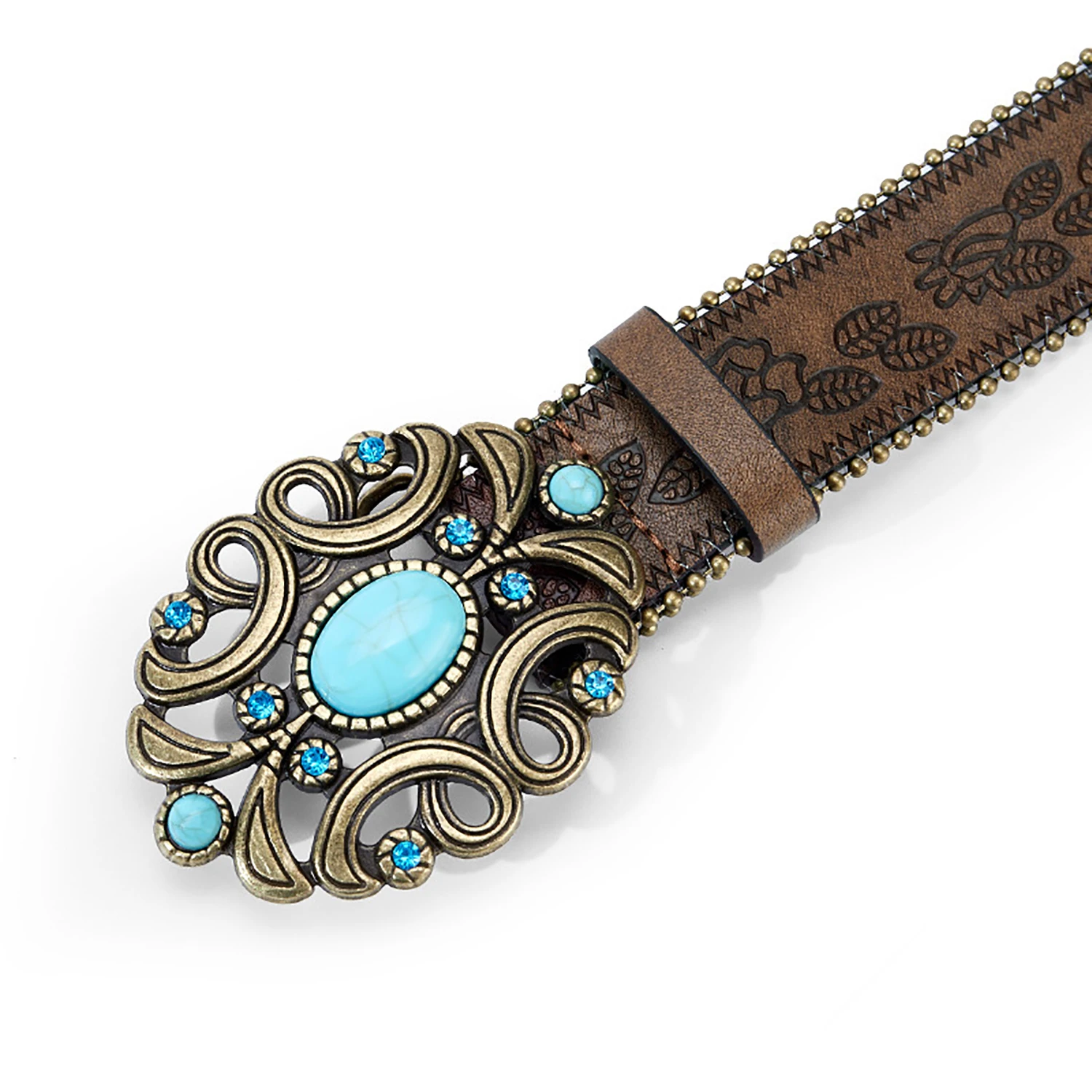 Bohemian Turquoise Carved Belt Women Vintage Metal Buckle Embossed Leather Belt Vacation Outfit Accessory