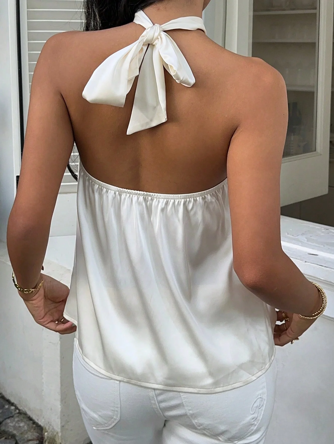Women's Summer Sleeveless White Satin Camisole with Regular Hem and Solid Color Design, Off Shoulder Top