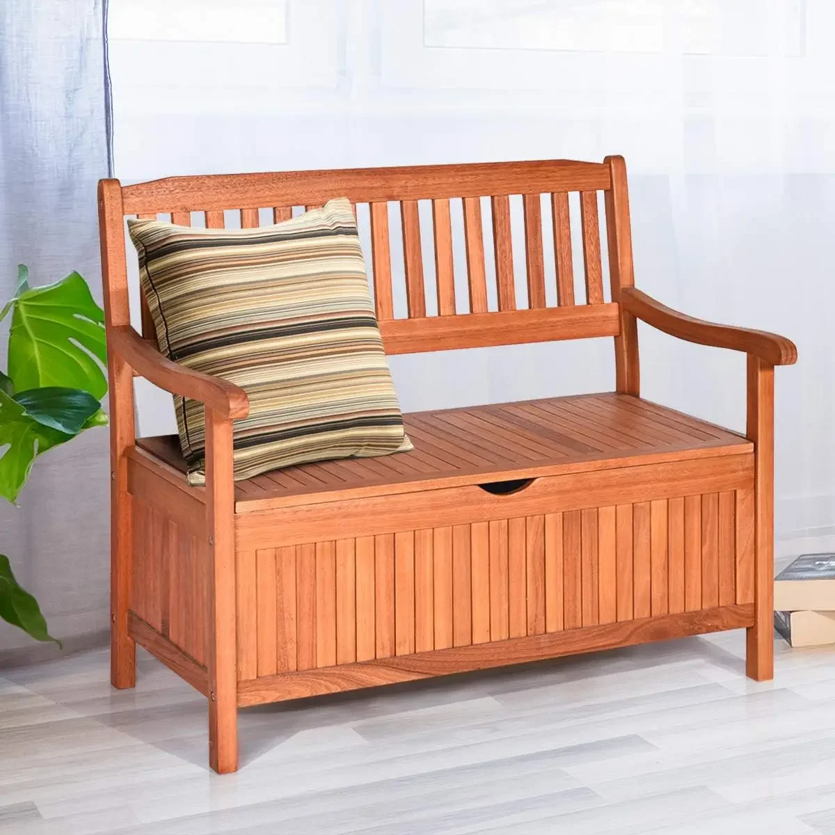 Banc de rangement extérieur en bois, grande boîte de pont, banc de rangement d'entrée avec doublure intérieure anti-poussière perfectionnée et Foy portable