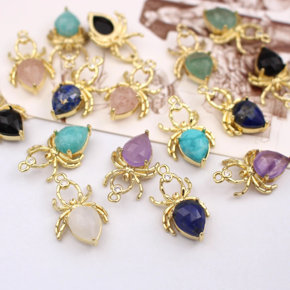 

10pcs DIY Jewelry Accessories Spider Shape Turquoise Quartz Kunzite Stones CZ Zirconia Pendant Charms