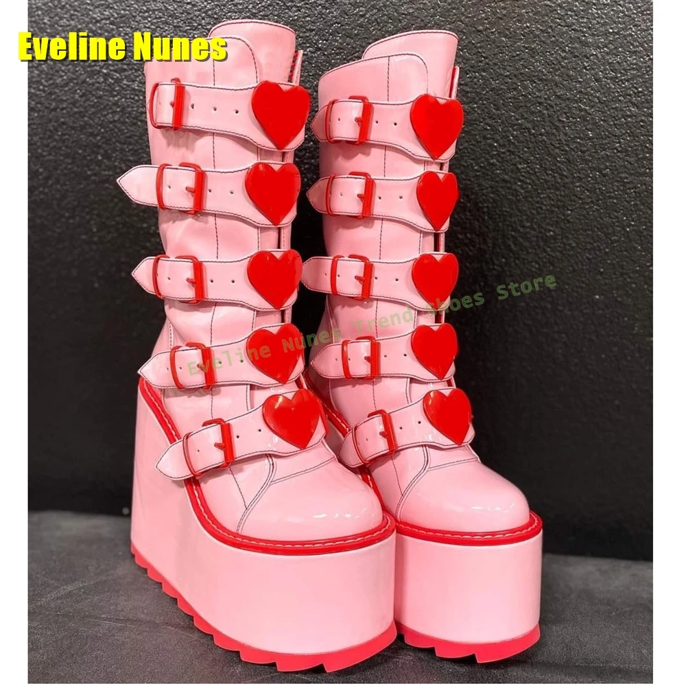 Pink Strawberry Button Platform Boots Round Toe Wedge Thick Sole Y2K Street Style Couple Knee High Boots 2025 Autumn Shoes Trend view 3