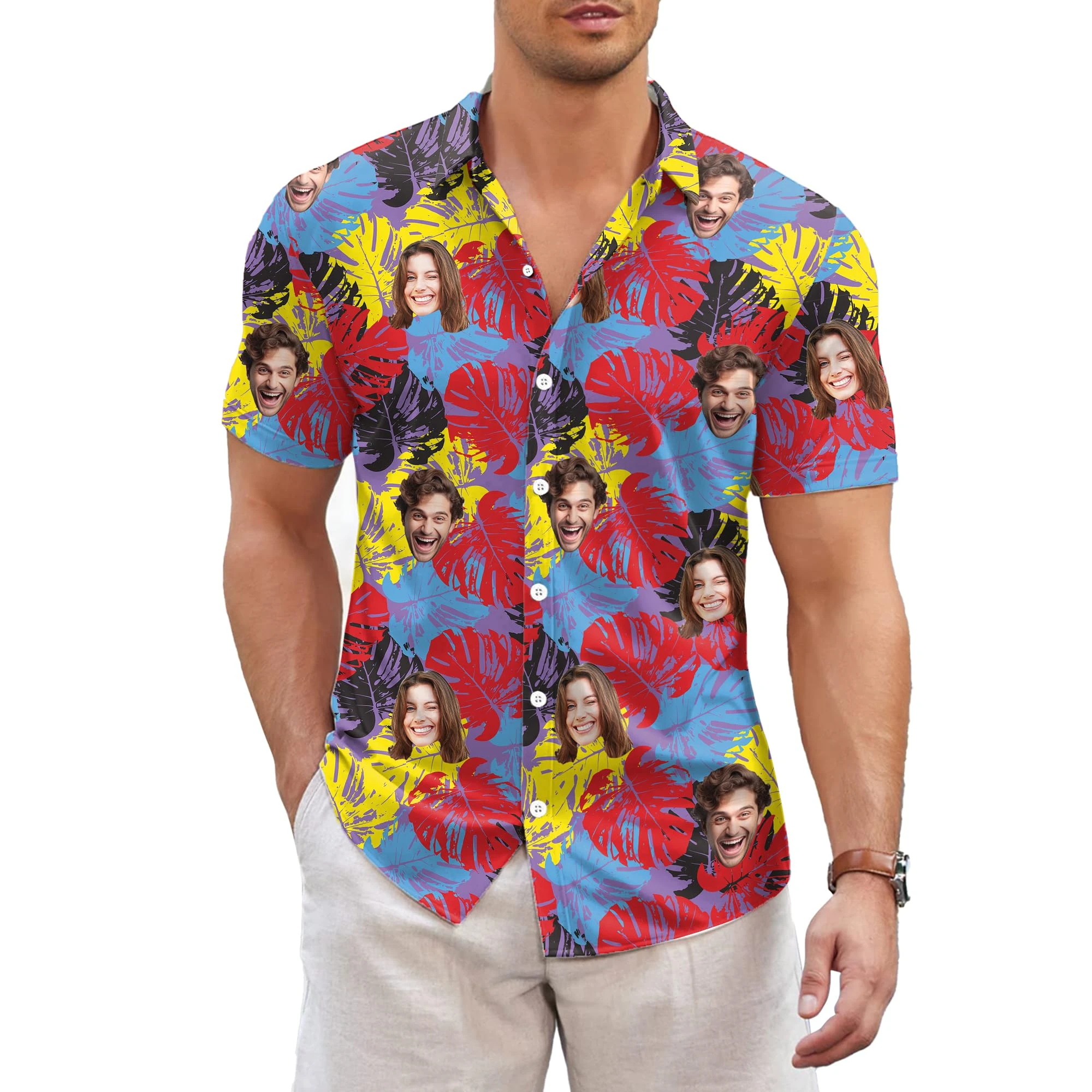 

New Personalized Hawaiian Shirt with Face Photo Custom Funny Hawaiian Button Down T-Shirt Customized Gifts for Men Women