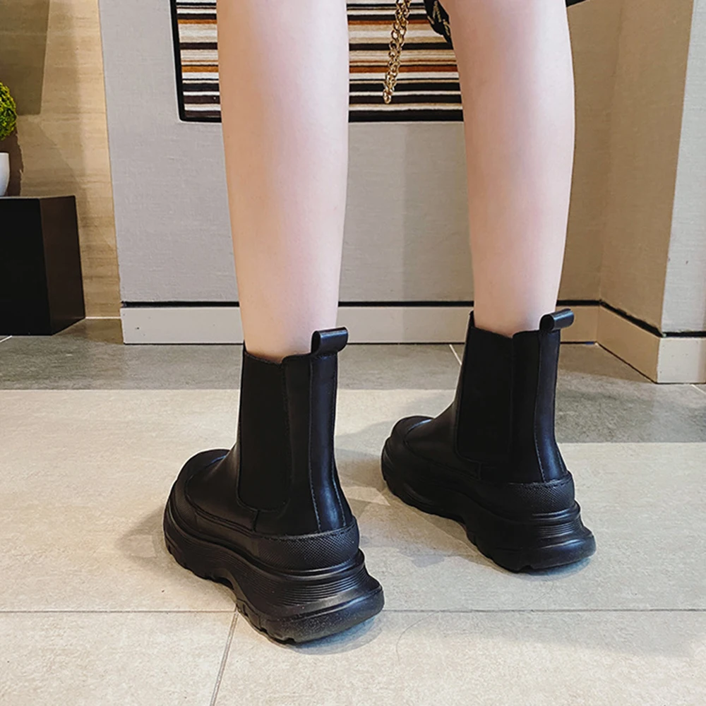RIZABINA Women\'s Chelsea Boots Chunky Heel Elastic Band Round Toe Slip-on Ankle Boots Female Fur Winter Fashion Platform Boots