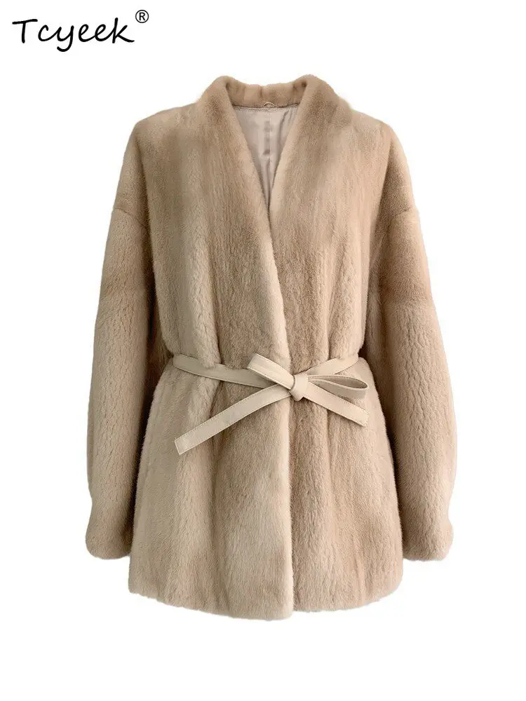 Tcyeek Natural Mink Fur Coat Woman Winter Clothes Womens Coats Real Fur Whole Mink Warm Jacket Fashion Belt Пальто Женское