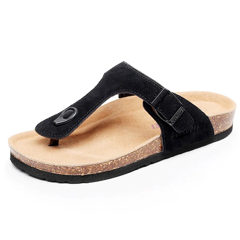 Guoluofei New Cow Leather Womens Flip Flops With Arch Support Cork Footbed Slide Sandals For Women Comfortable Beach Womens Ladi