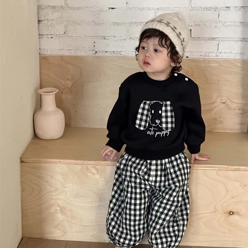 

Весенний хлопковый лоскутный свитшот с пряжкой на плечах для маленьких мальчиков + клетчатый комплект брюк, детский спортивный костюм из 2 предметов, детская одежда, От 0 до 4 лет