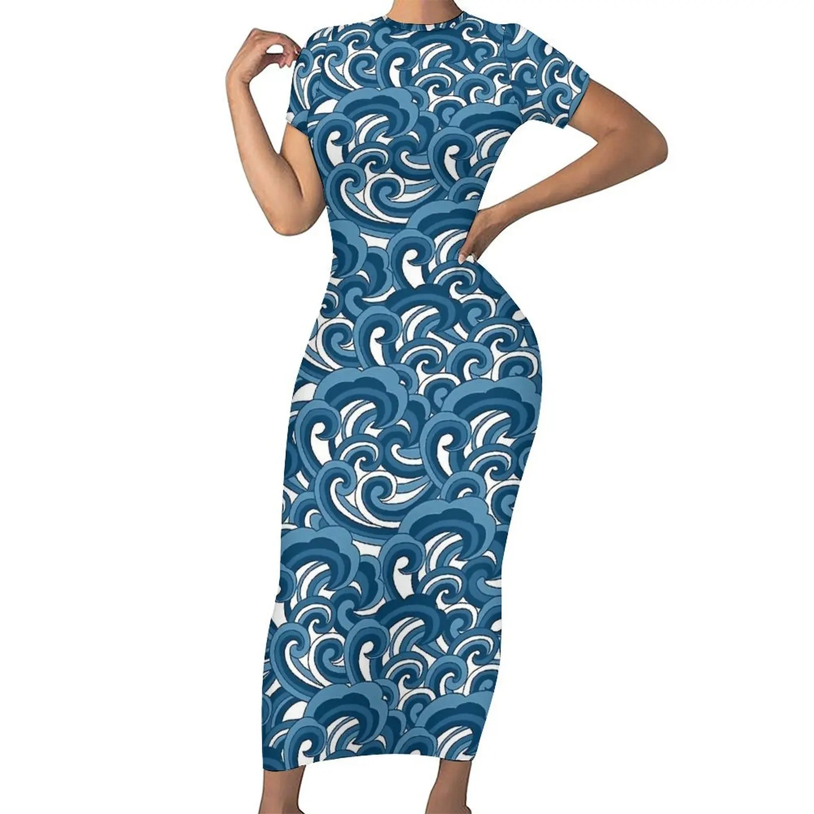 Stilisiertes blaues Wellen-Druck-Bodycon-Kleid für Damen, Nachtclub, Maxikleider, Frühling, kurzärmelig, koreanisches Modemuster, großes Kleid