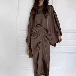 Elegant Women Tie-up Waisted Satin Dress Casual Female O-Neck Draped Long Dress Vintage Solid Color Bat Sleeve Robe Party Dress