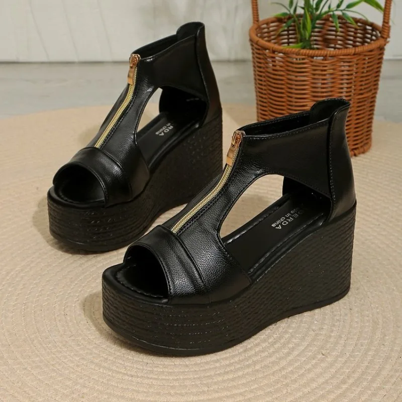 Aphixta Women's Platform Wedge Sandals Peep Toe Zipper Cutout Roman Sandals High Heel Summer Shoes Black Gold for Party Casual