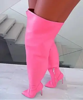 Hot Pink Purple White Blue Matte Leather Pointed Toe Stiletto Heels Over The Knee Boots Ladies Sexy Party Thigh Long Botas Shoes