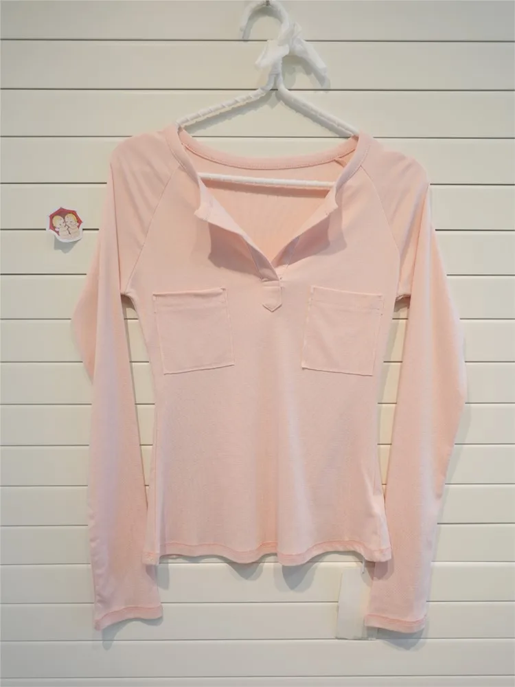 

Autumn New Pink Long Sleeve Tees Women Poacket V-neck Casual Chic Slim Tops Clothes Sweet Cute Preppy Style T-shirts Y2K Top
