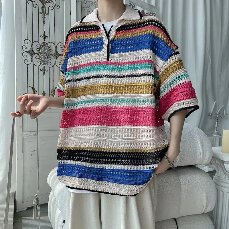 

TRSYPHXM 2025 new Minimally striped summer hollow knit sweater with loose collar and men's fashionable pullover polo shirt