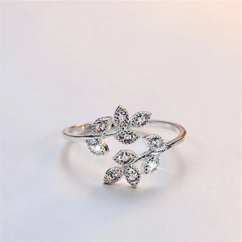 

New Fashion Temperament Flash Crystal Leaf 925 Sterling Silver Jewelry Sweet Branch Popular Gift Opening Rings TYB489