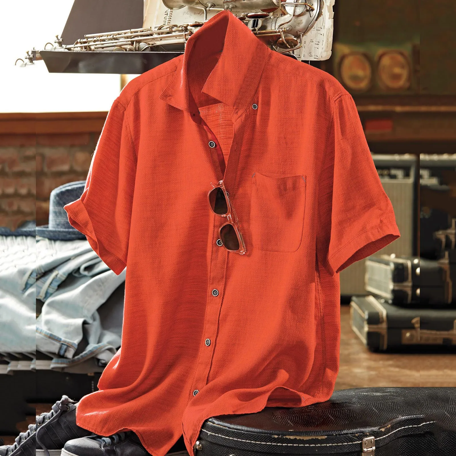 Camisa naranja de verano para hombre, camisas de lino y algodón, camisa ajustada informal de manga corta para primavera, blusa Lisa Simple, camiseta