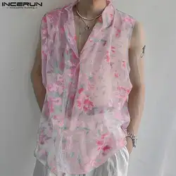 INCERUN Tops 2024 Korean Style Men's Sexy Froral Print Perspective Shirts Casual Streetwear Personality Sleeveless Blouse S-5XL