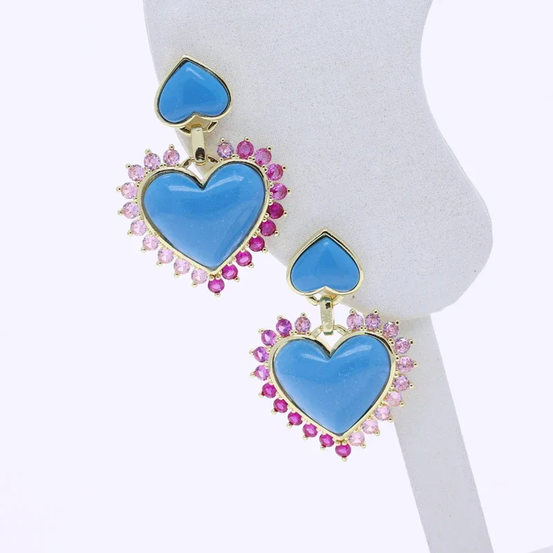 

Luxury Love Double Heart Drop Earrings for Women Gold Color Blue Red Pink Cz Paved Fashion Simple Party Jewelry