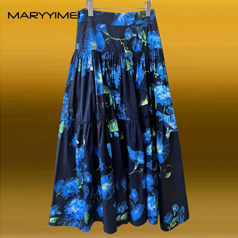 MARYYIMEI New Pure Cotton Hyacinth Print Mid-Length Skirt Matching Poplin Goddess Temperament Seaside Holiday Skirt Spring Summe