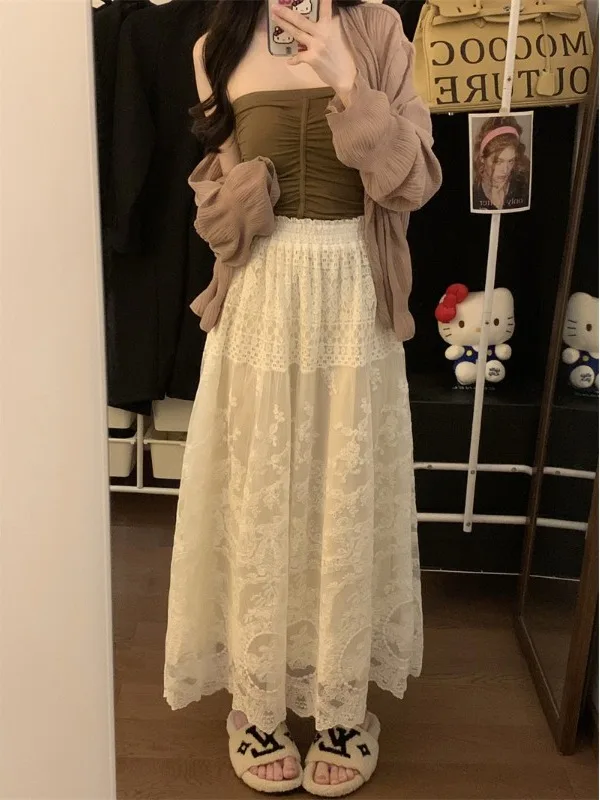 

plus Size Sweet Lace Splicing Midi Skirt High Waist Slimming Versatile Knee-Length A-Line Skirt for Pear Shaped Women