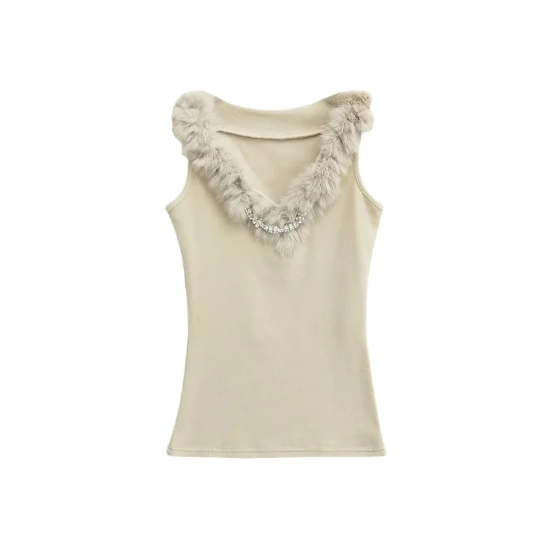 

Tank Top Women Women Clothes 2025 New Chic Faux Fur Collar V-ndck Thin