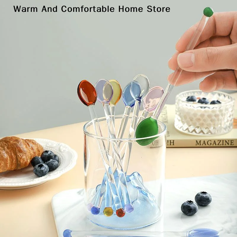 【W】Colorful Transparent Long Handle Heat Resistant Glass Stirring Spoons For Coffee Tea Dessert Mixing