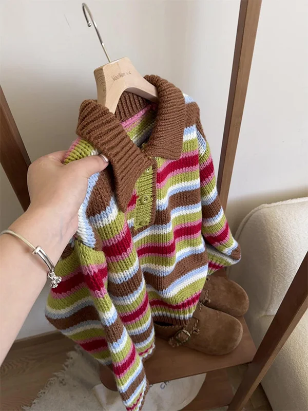 

Новинка! Женский вязаный джемпер в полоску в корейском стиле, большие размеры (до 300 фунтов), осенне-зимний, повседневный, свободного кроя, с длинным рукавом.