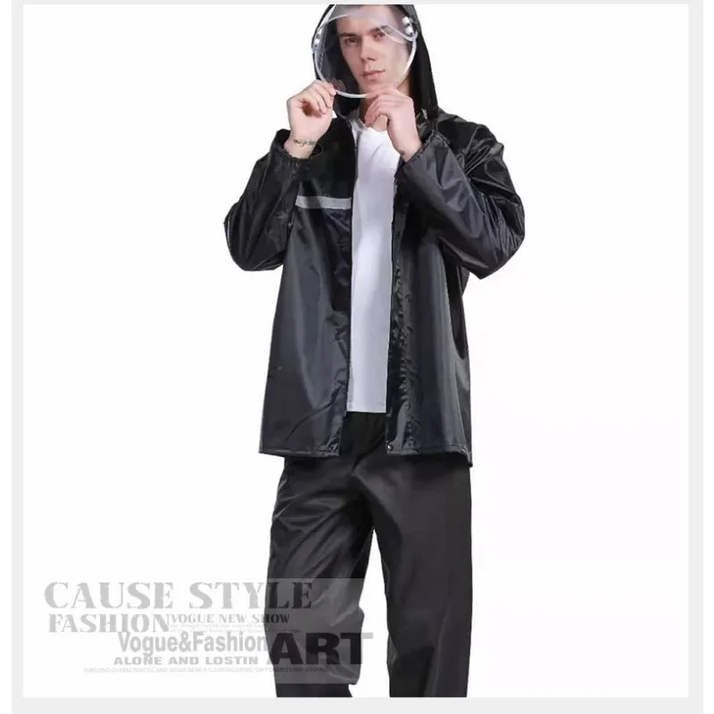 Unisex Hooded Motorcycle Rider Rain Suit Black Waterproof With Reflective Strips For Outdoor Riding Commute Travel Fashion Wear