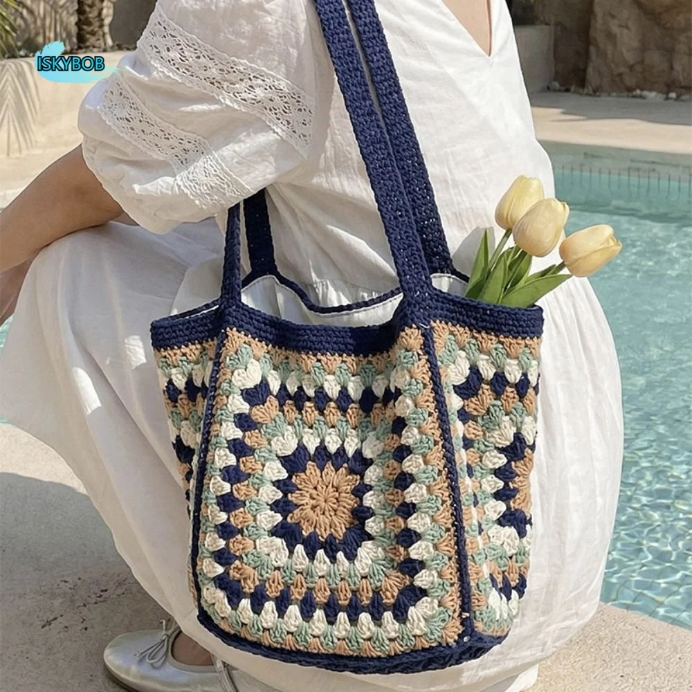 

Korean Style Hollow Out Knitted Weave Bag Ethnic Style Solid Color Crochet Tote Bag Vacation Style Braided Knitted Shoulder Bag