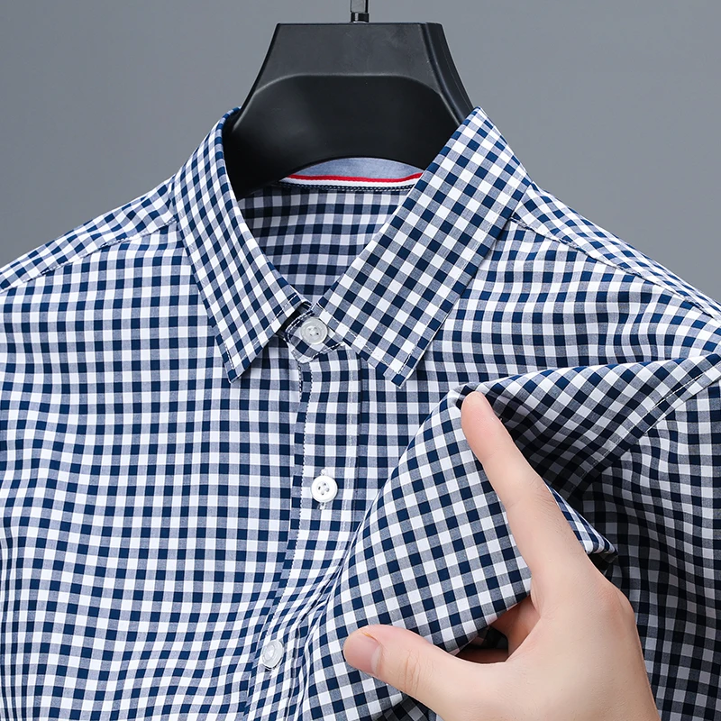 رجل فاخر طويل الأكمام قميص 100% القطن التلبيب شبكة النمط البريطاني الخريف جديد قميص بلايز الحد الأدنى تصميم موضة ملابس للرجال #5