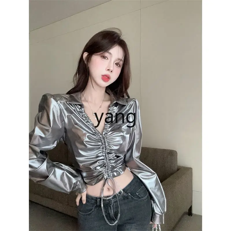 LMM temperament lapel PU leather shirt women eat ball glossy drawstring folds slim short