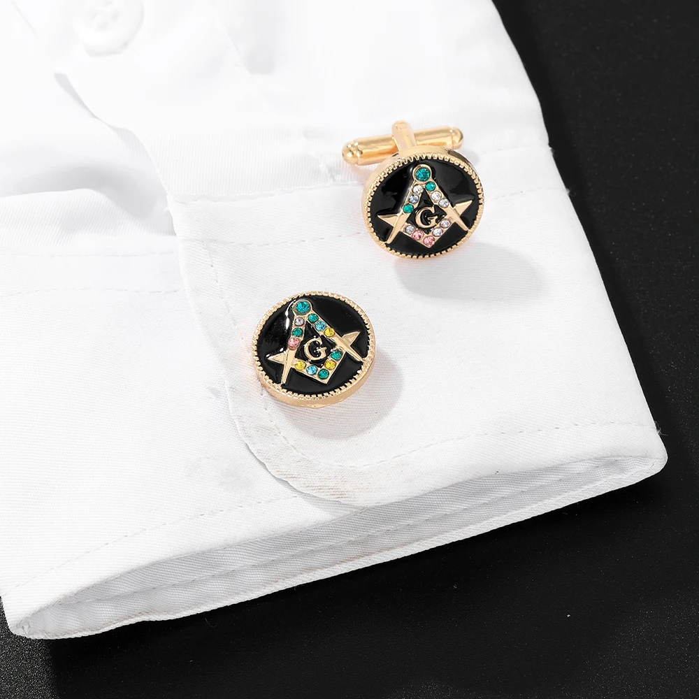 Funny Masonic Symbols Pattern Round Crystal Cufflinks Freemason Emblem Logo Golden Mens Sleeve Button For Senior Masons
