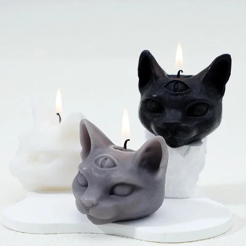 Adornos de Gato Oscuro para Decoración de Aromaterapia, Regalo de Decoración para Habitación, Gato de Tres Ojos, Velas Aromáticas Góticas de Cera de Soja, Creativas para Halloween