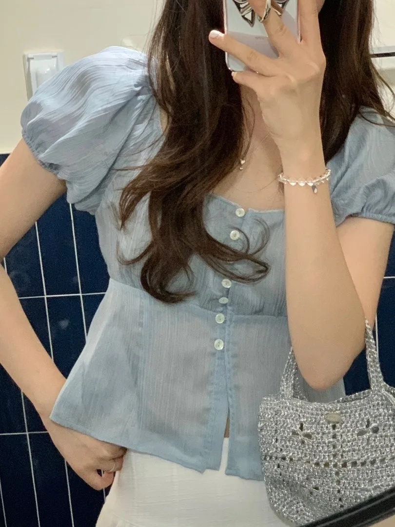 

Chic Summer ort Sve irt Ladies Faionable Ruffle Splice Square Collar Single Button Women's irt Trendy Commute Sle