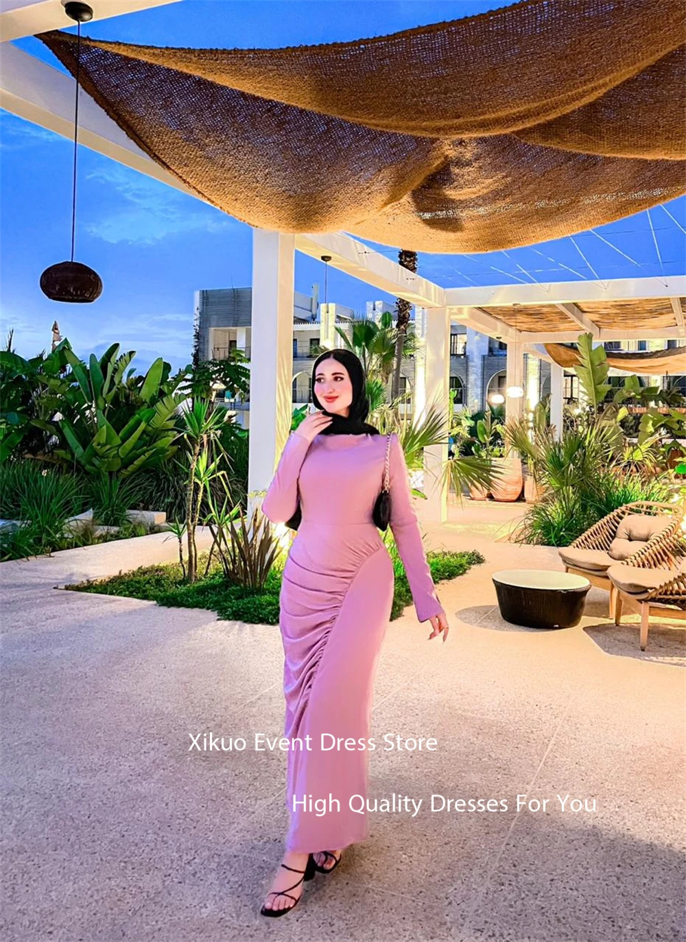 Xikuo Elegant Pink Satin Evening Gowns Mermaid Pleated Cocktail Femmes Summer Saudi Long Sleeves Happy Prom Dresses Customized