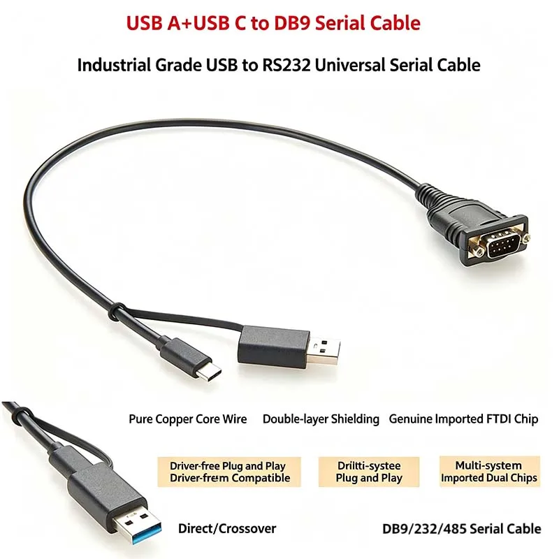 USB to RS232 Serial Cable: DB9 Male Connector, Industrial-Grade COM Converter Module with Genuine Imported FTDI Chip