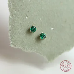 Mini 925 Sterling Silver Stud Earrings Six Prongs Set With Green Zircon All-match Simple Earrings for Women Jewelry
