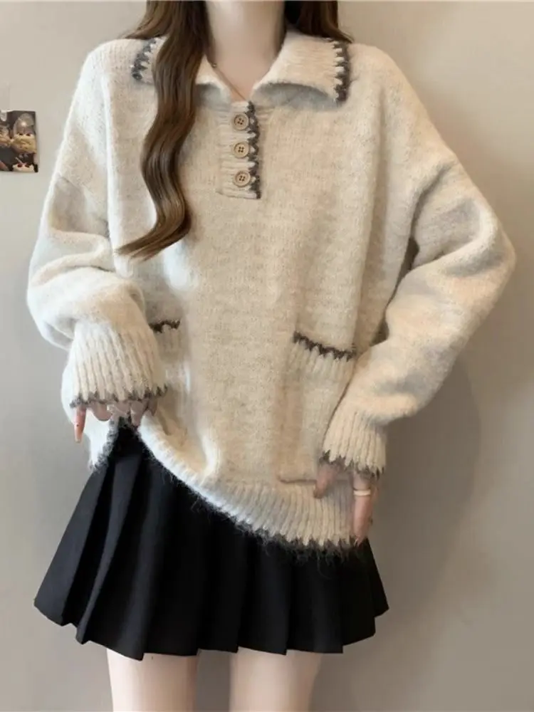 

Sweaters Jumpers Pullovers Women Pullover Youngla Fur Collar French Style Street Urban Fashion European Traditional Winter Youth