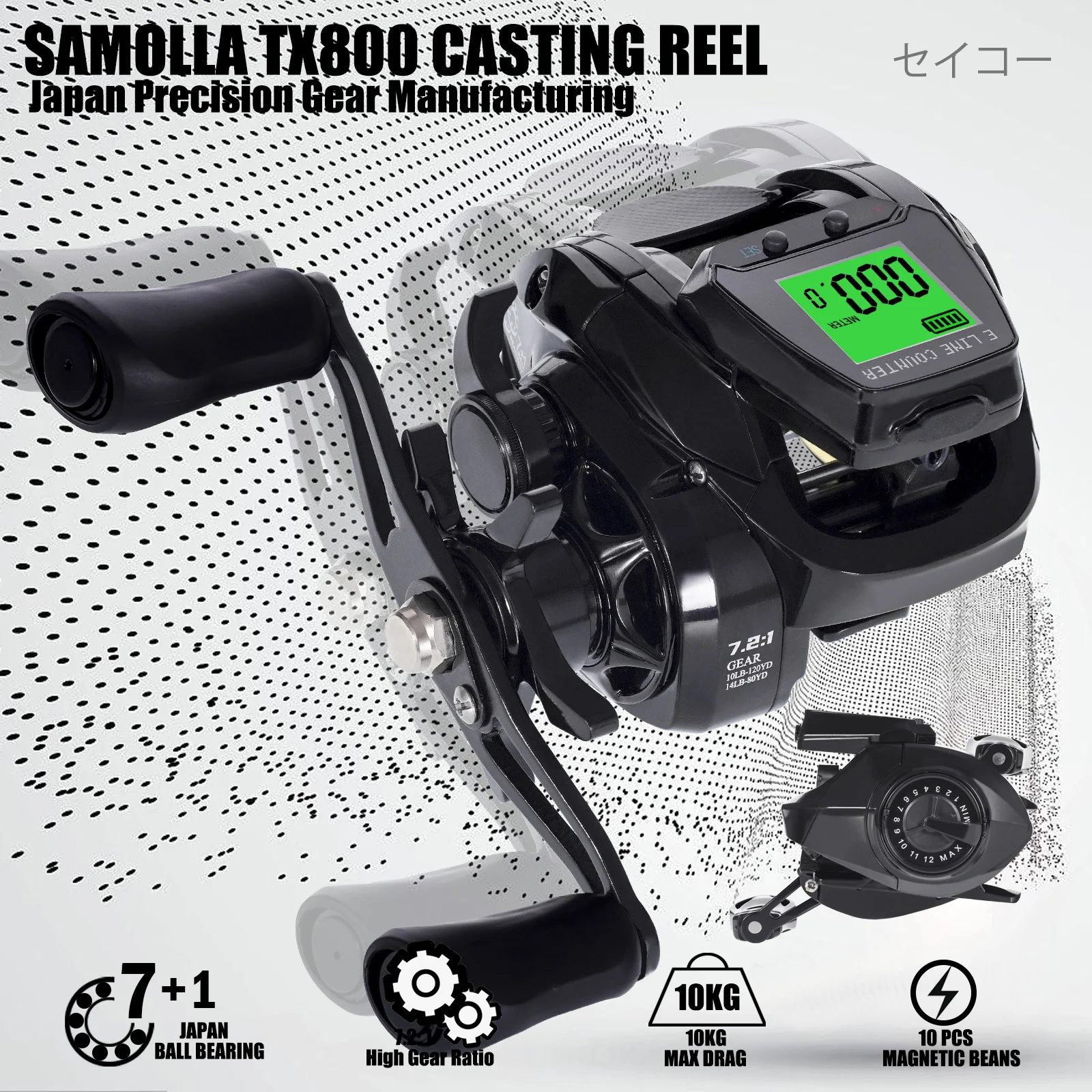 Right/Left Hand Big Led Screen Electronic Baitcasting Fishing Reel High Speed 7.2:1 10kg Saltwater Waterproof Cast Drum Wheel