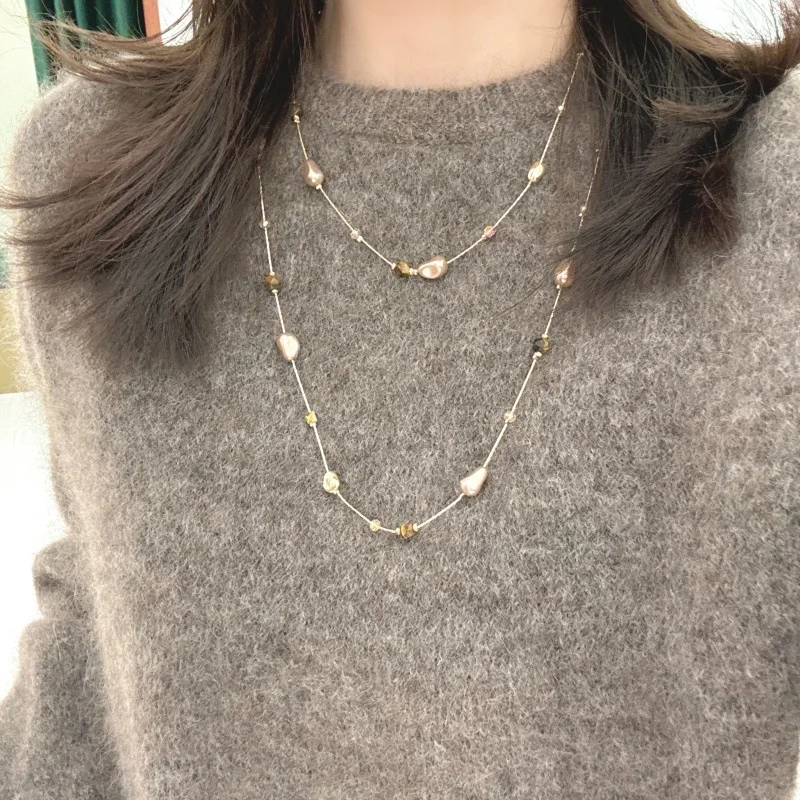 Double Layer Sweater Chain Irregular Pearl And Tiger Eye Stone Necklace Vintage Stackable For Women Fall Winter Standard Length