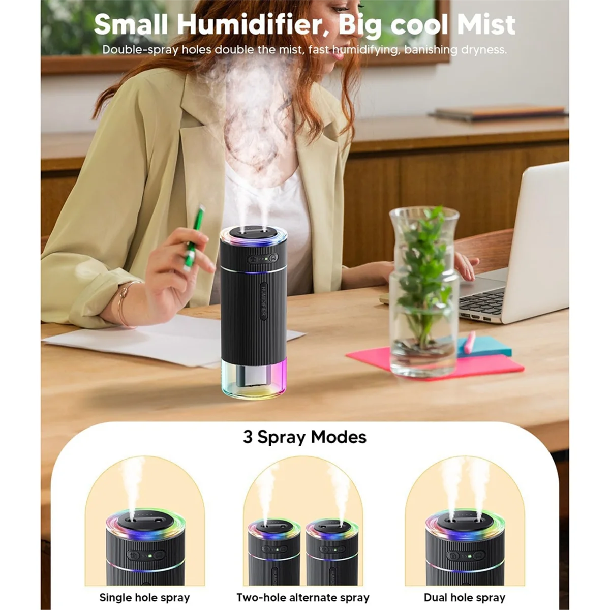 ABXHH Portable Small Humidifier for Bedroom, Dual Nozzle Large Cool Mist, Mini Personal Desk Air Humidifiers for Travel Black