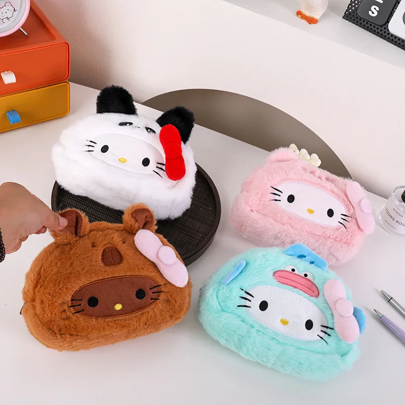 

Hello Kitty Kitten Plush Pencil Bag Plush Doll Cross-dressing Beaver Cartoon Cute Student Stationery Bag Storage Case Organizer