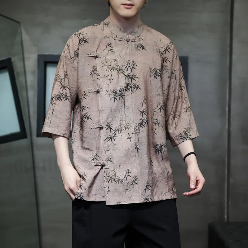 

2024 Spring/summer New Chinese Style Shirt Men's Trendy Ice Silk T-shirt Large Tang Dynasty Hanfu Short Sleeved Top Printing