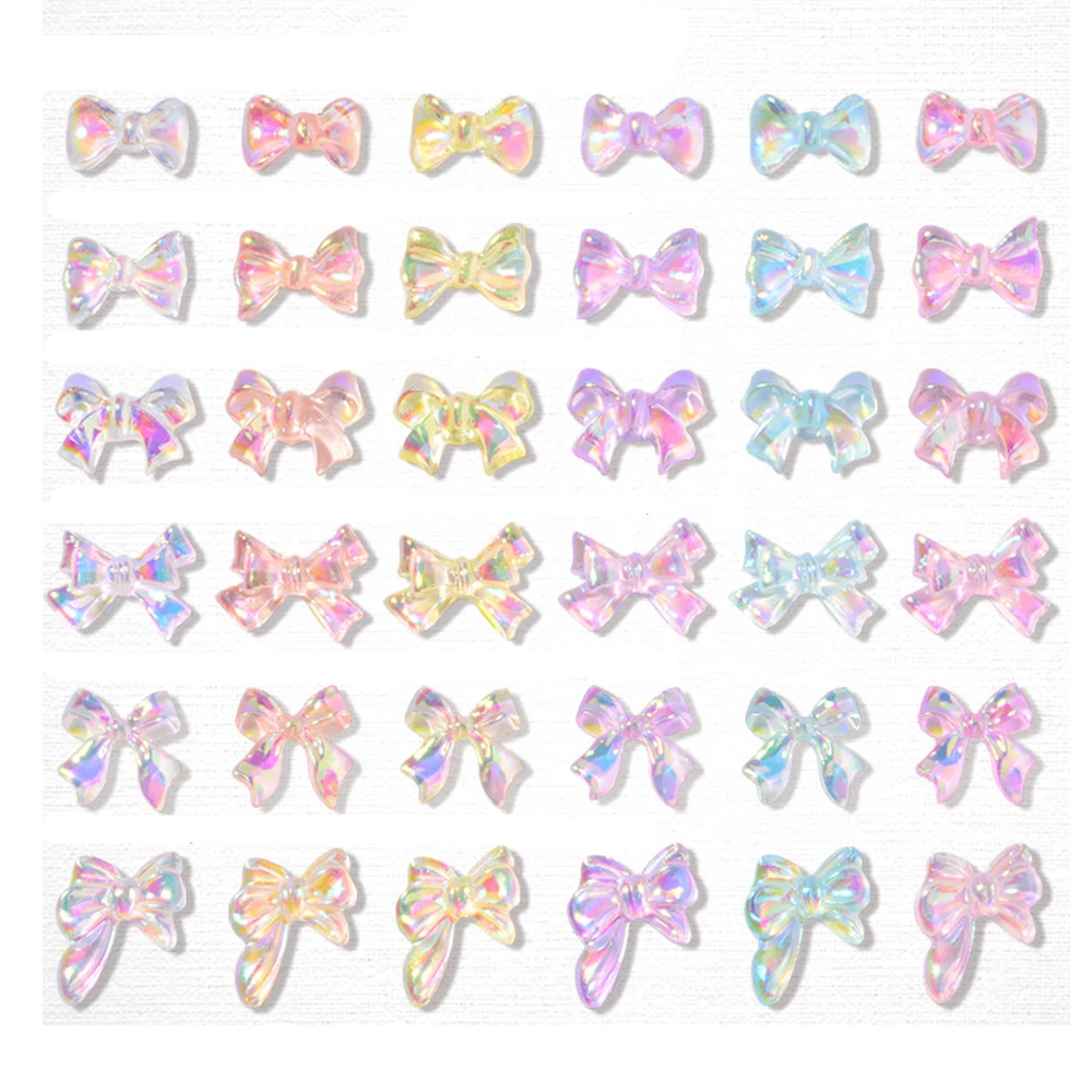 50pcs Aurora Ribbon Nail Art Jewelry 3D Beautiful Ice Transparent Candy Color Bowknot Nail Decoration DIY Nail Accessories 9x11