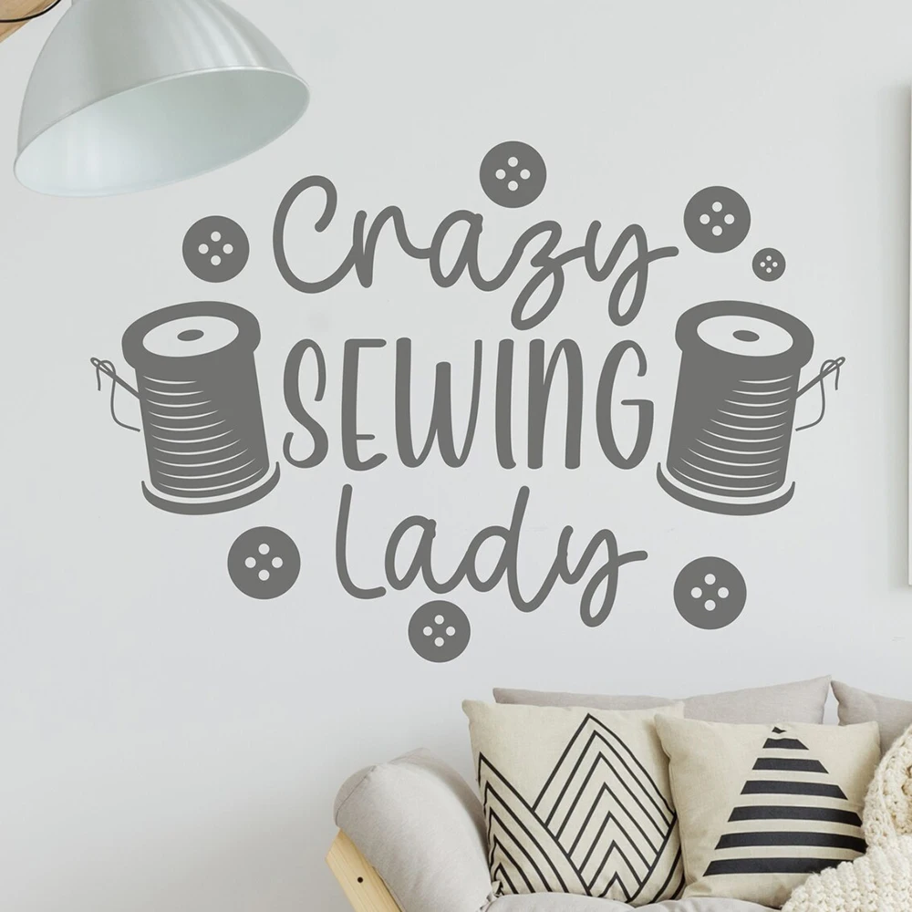 Crazy Sewing Lady Wall Sticker Words Sewing Room Wall Decal Sewing Studio Decor Desgin Decals Vinyl Removable Wallpaper A999