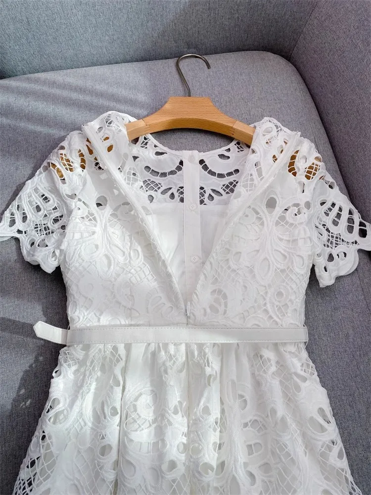 Summer Autumn Holiday White Lace Prom Wedding Dress Women Single Breasted Metal Button Flower Embroidery Midi Long Sundress