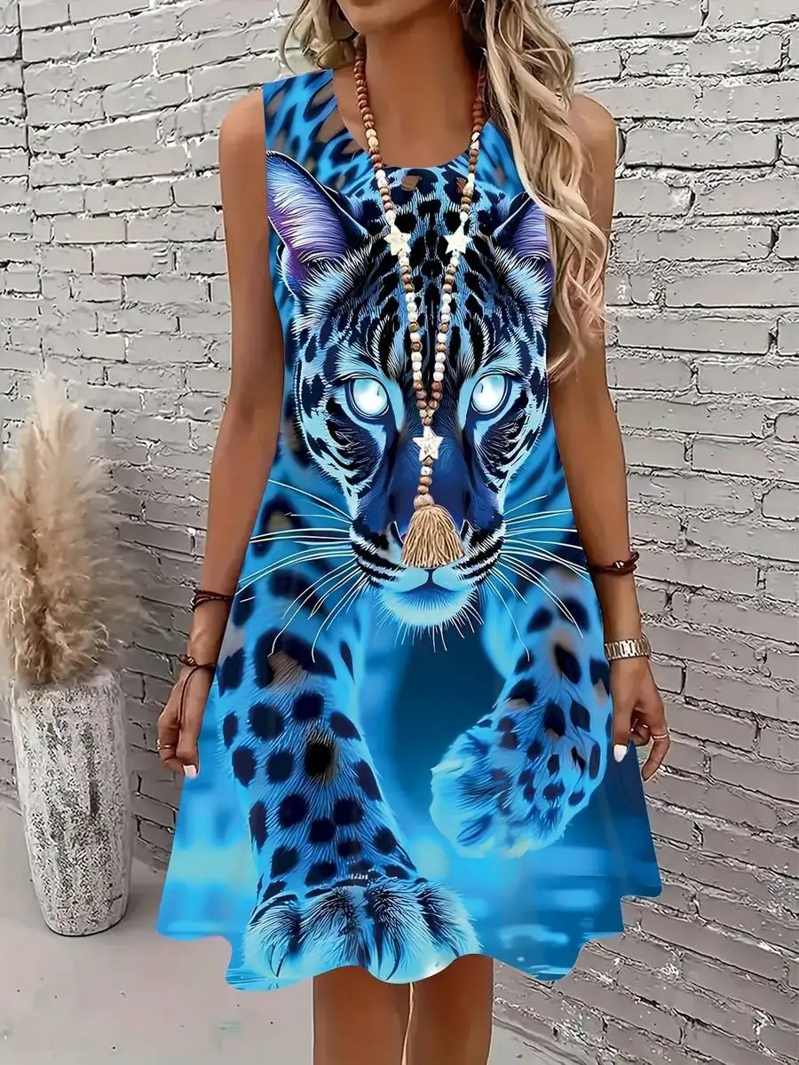 

Women Sleeveless Vest Dress Blue Leopard Print Casual A-Line Dress